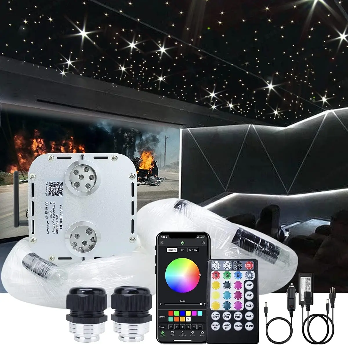 Twinkle Dual Head Fiber Optic Lights Kit Music Activated RGBW Star Ceiling Sky Light