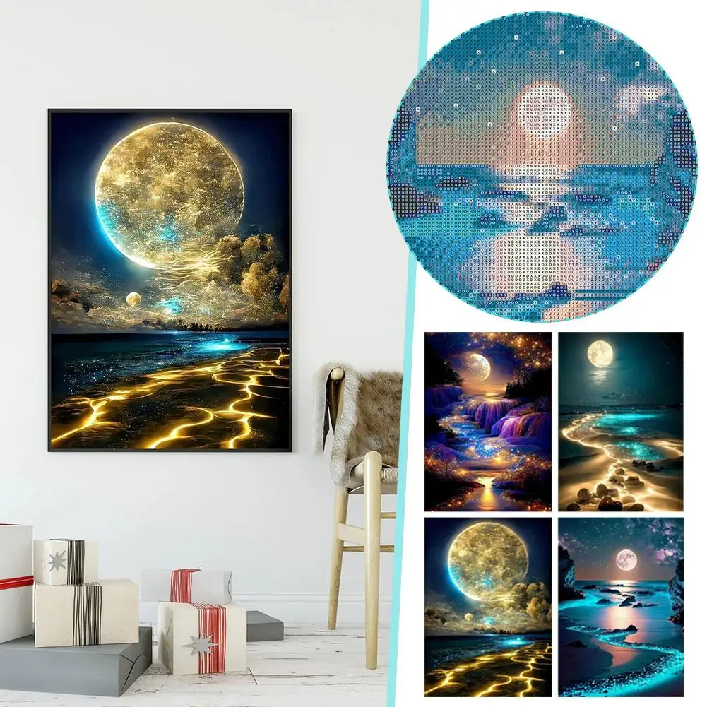 Moon Diamond Art Kits For Beginners DIY 5D Moonlight Sea Scenery Full Rhinestone Arts Home Wall Decor R8R4