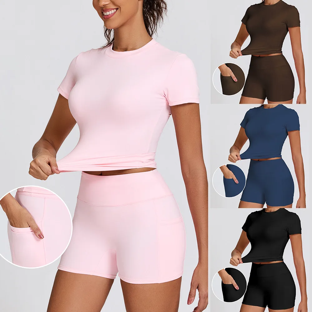 

2025 Black yoga suit, sports set, fitness suit, red tight top, peachy butt, white shorts, pocket set, brown two-piece set