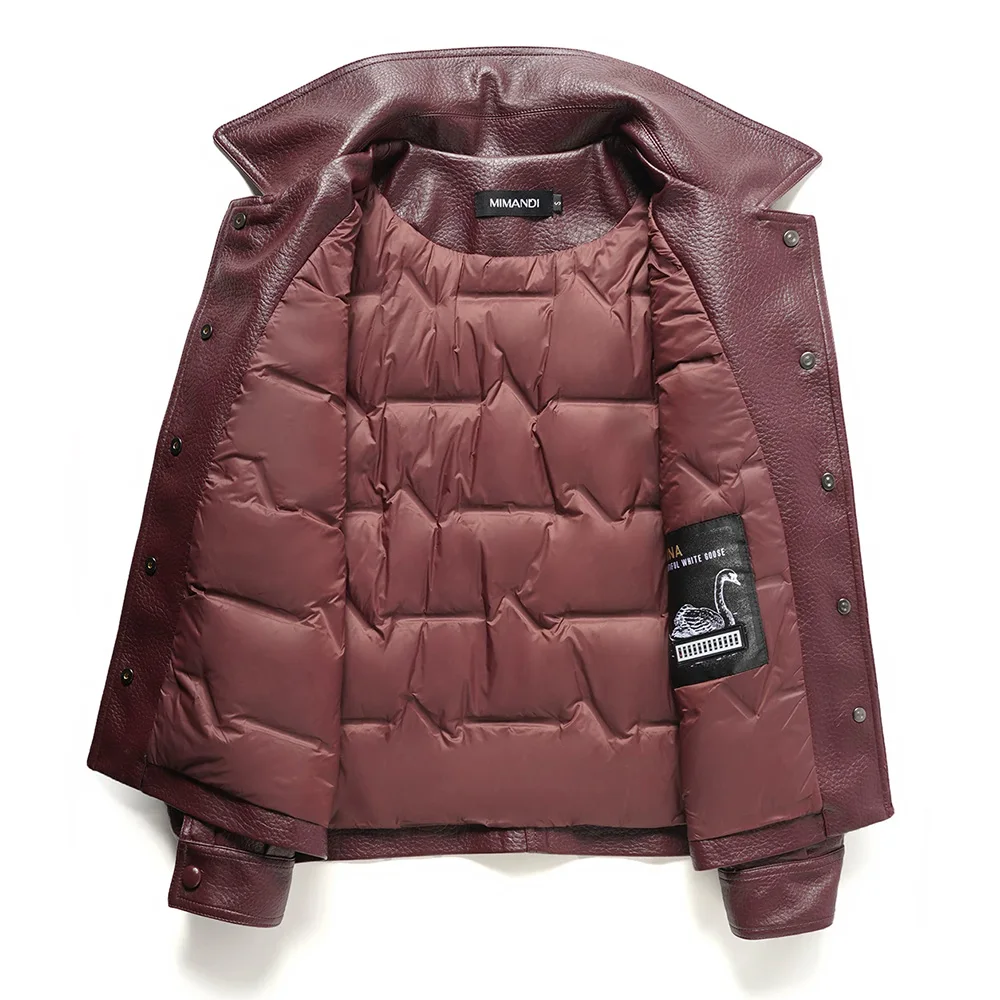 New Women Goose Down Split Leather Jacket Autumn Winter Fashion Turn-down Collar Single Breasted Slim with Belt Leather Jacket