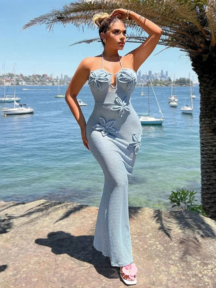Vestido Sexy de ganchillo azul con flores en 3D para mujer, Top ajustado de tubo con cuello Halter, vestidos largos con cordones, bata sin espalda para vacaciones a la moda