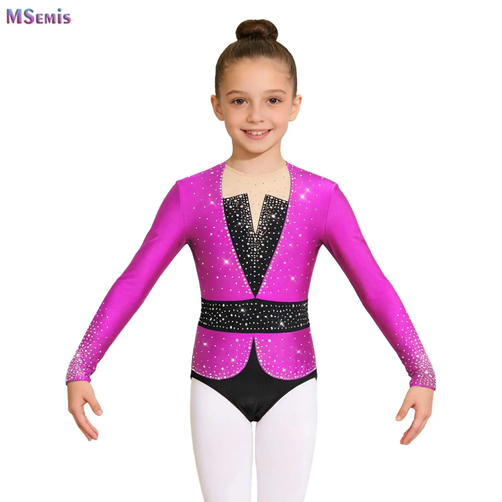 

Kids Girls Rhinestones Ballet Gymnastics Dance Leotard Long Sleeve Figure Skating Bodysuit for Ice Skating Stage Performance