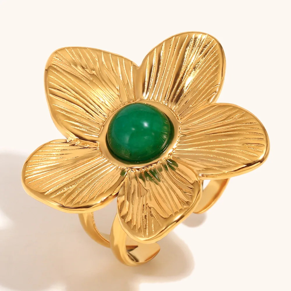 

Кольцо с крупным цветком из нержавеющей стали с покрытием из 18-каратного золота, женское модное украшение, легкое, роскошное, аксессуар для рук