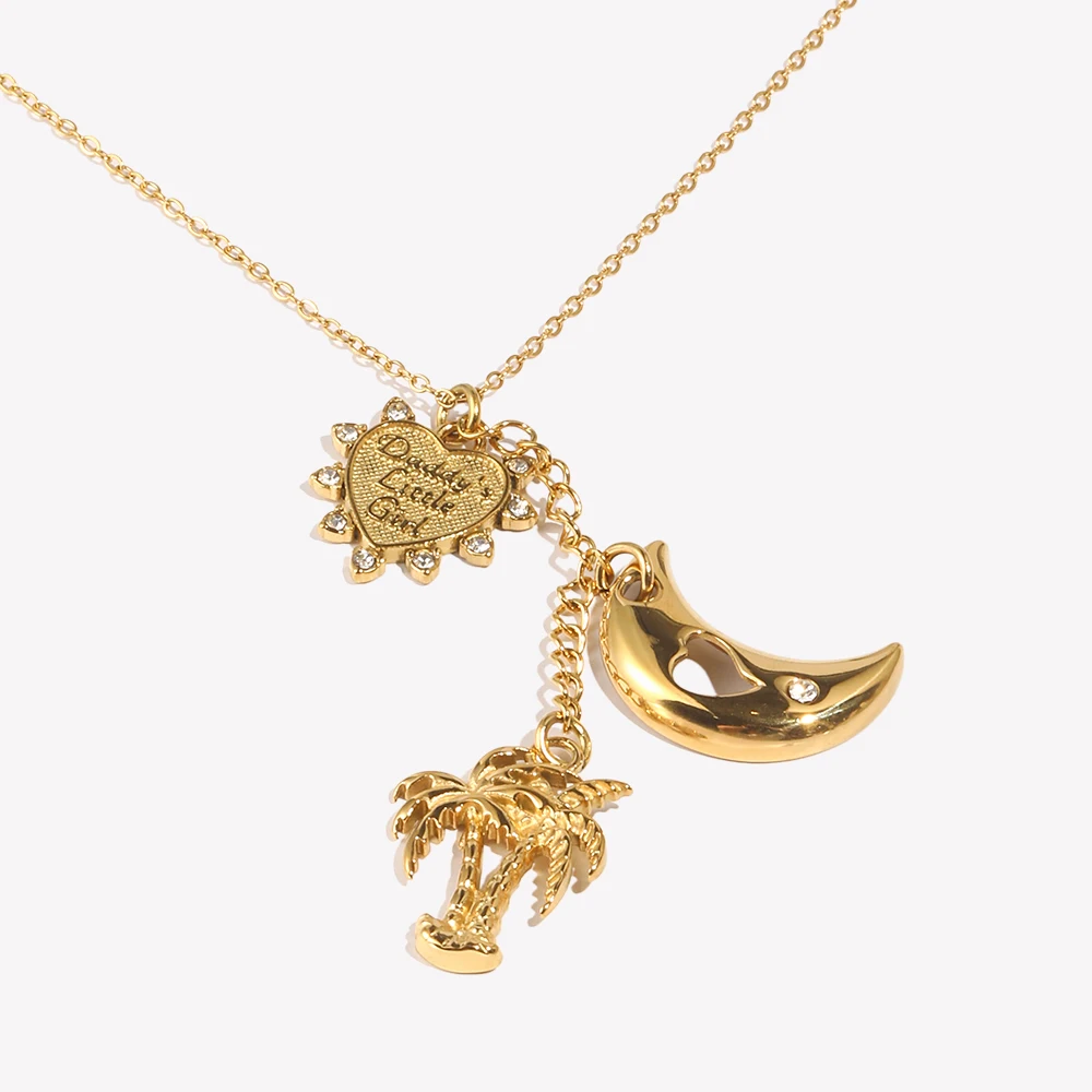 E.B.belle 18K Gold Plated Hollow Moon Coconut Pendant Necklace New Stainless Steel Fashion Women Jewelry Accessories Gift