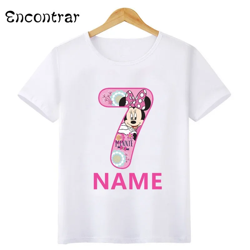 Disney Minnie Mouse Number Bow Graphic T shirt Kids Clothes 1 2 3 4 5 6 7 8 9 Years Birthday Baby Girls Party T-Shirts Boys Tops