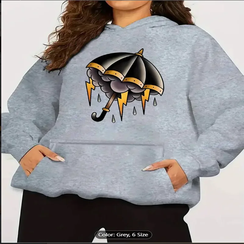 

Женская повседневная толстовка с капюшоном на флисовой подкладке, зонтик с облачным графическим принтом, черный, желтый, белый дизайн, пуловер из чистого хлопка с длинными рукавами