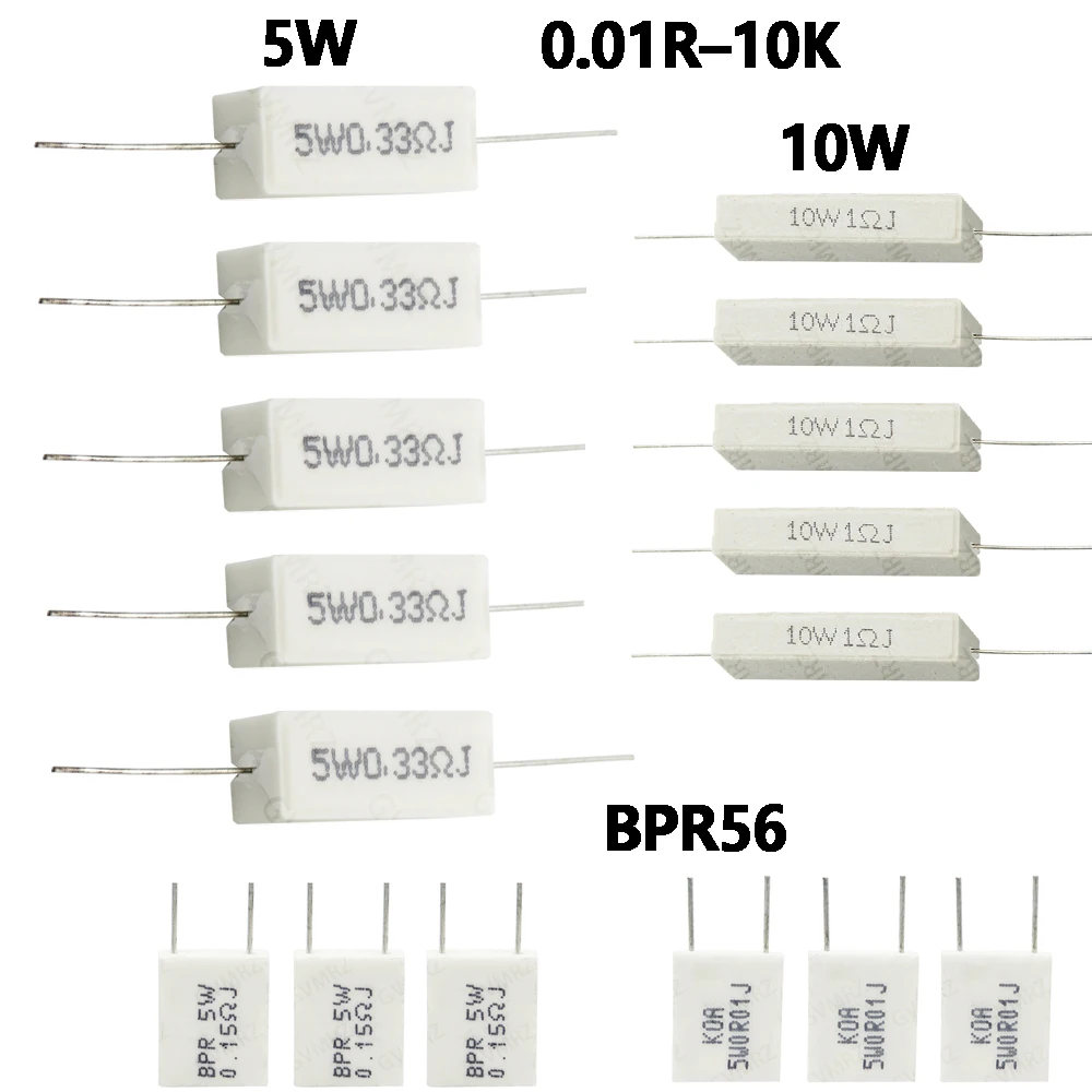 10PCS 0.01R 100R Cement Wirewound Resistor 5W 10W Non-Inductive BPR56 Series 0.01R–10K 0.5R 1K 2K 150R