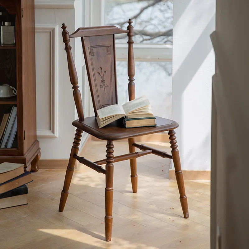 Petite Retro Nostalgia Antique Solid Wood Dining Chair with Backrest for Home Furniture Bedroom Study Cafe & Leisure Use