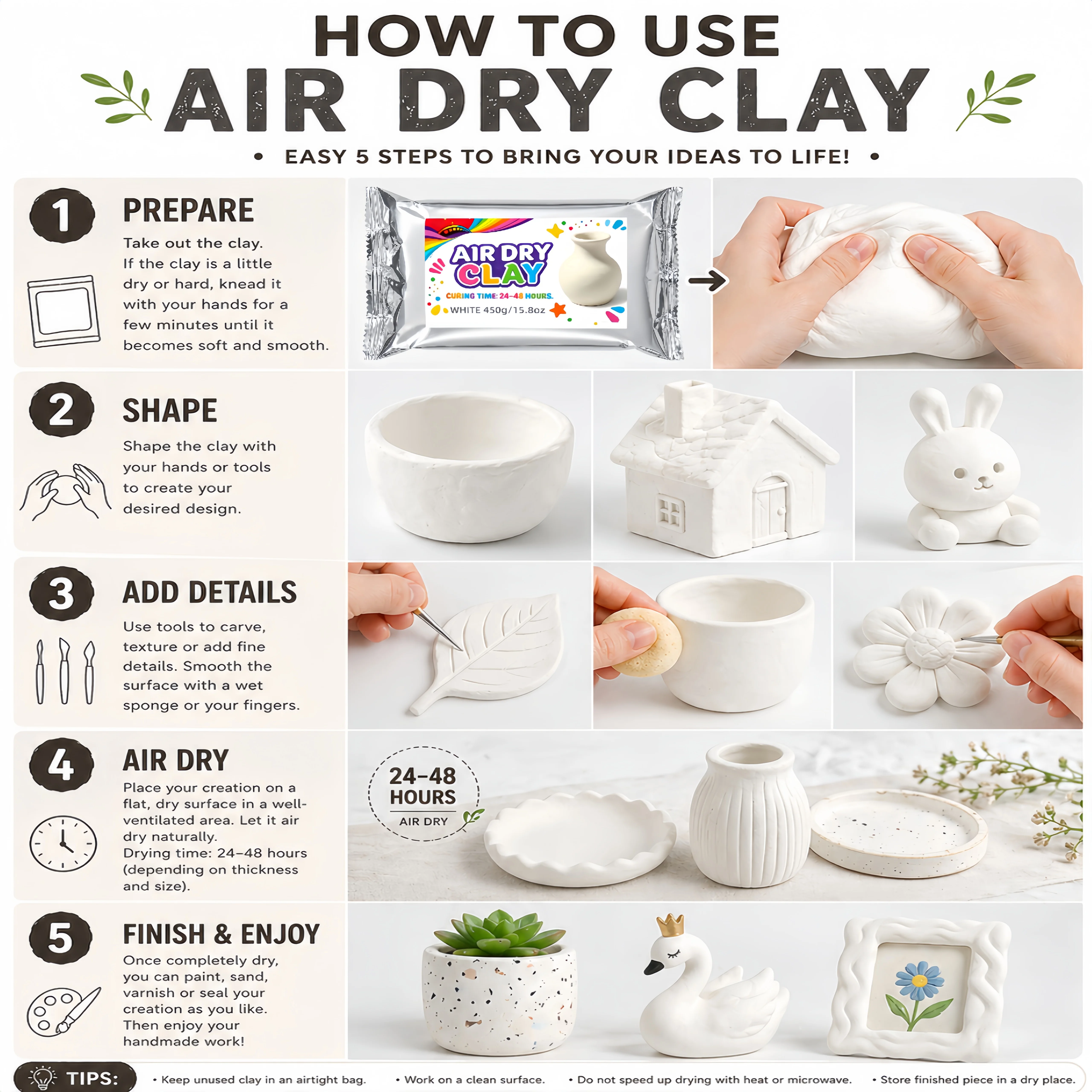 White Air Dry Self-Hardening Clay, No Baking Needed, Smooth Easy to Shape, Paintable Clay Great for Sculpting, DIY Crafts 450g