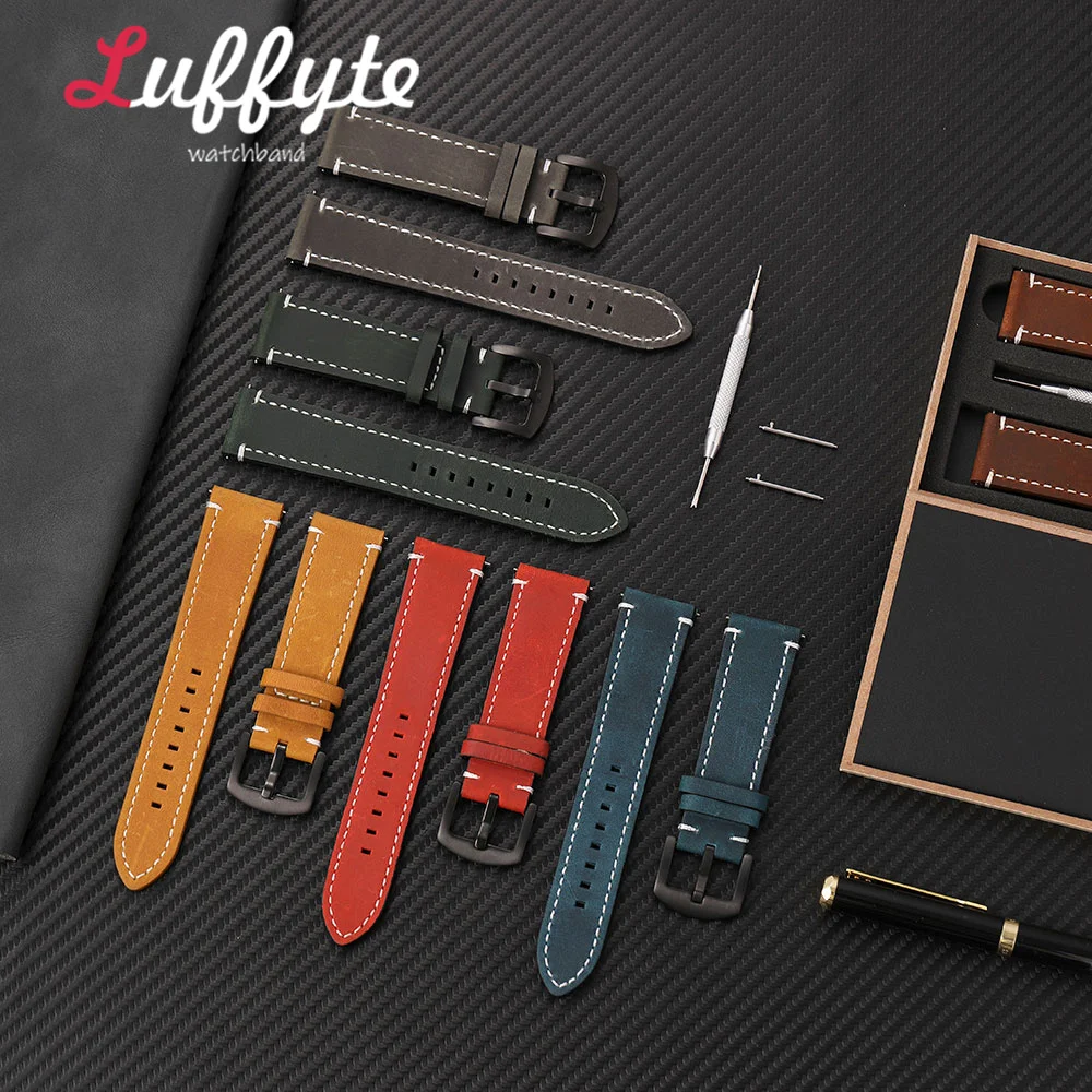 18 20 22 24mm Double Sided Crazy Horse Leather Watch Band with Quick Release Spring Bar Gift Packing Box High-end Strap
