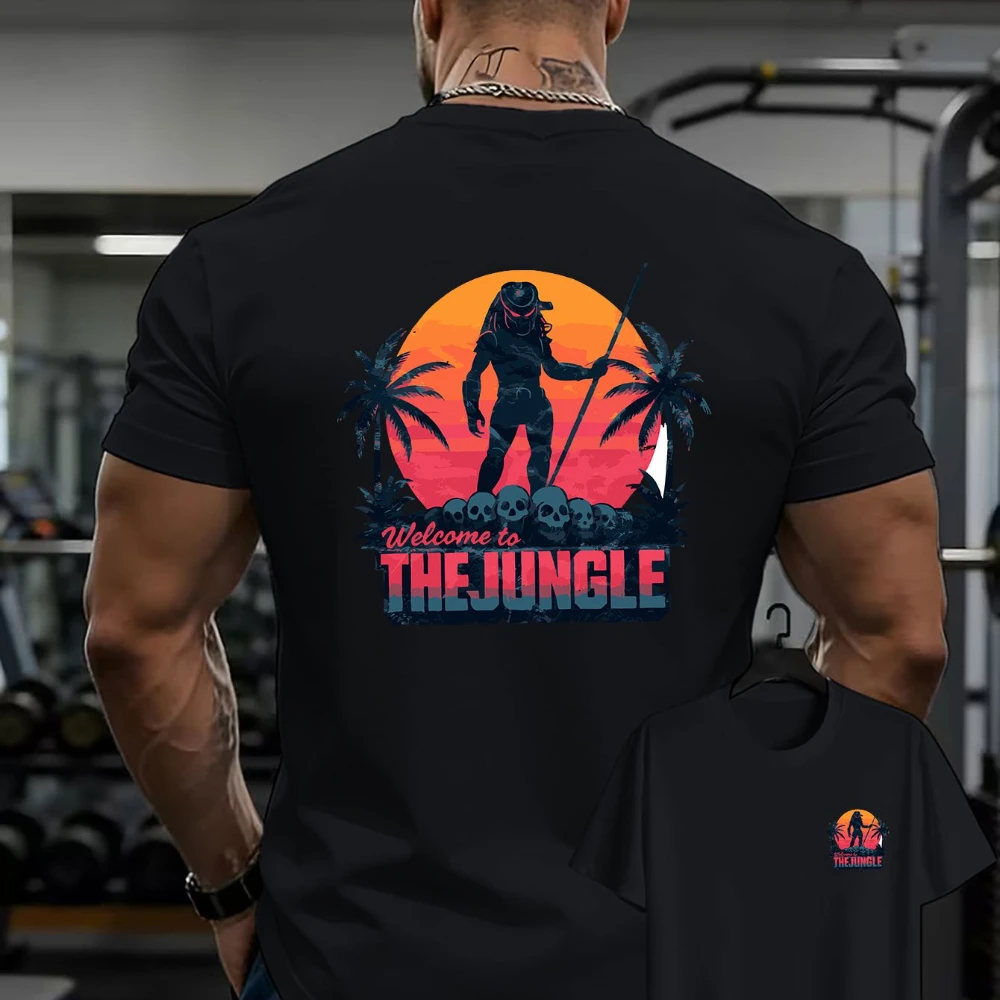 Men's Predator Movie Vintage T-Shirt Double-Sided Front Back Jungle Graphic Tee Iconic Sci-Fi Breathable Short Sleeve Shirt