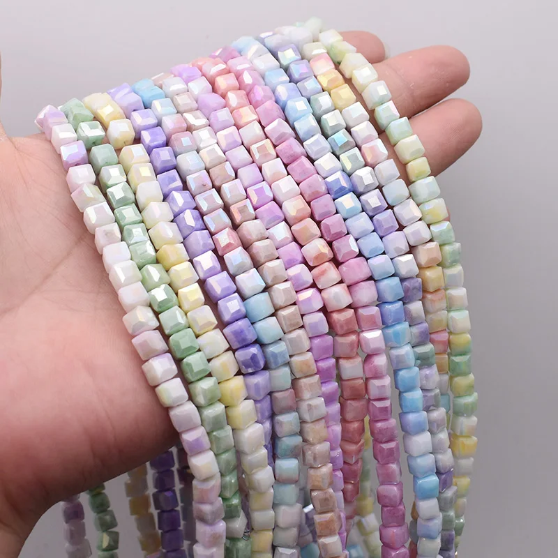 6mm 65pcs New Color Water Stained Ice Cracks Faceted Crystal Glass Beads Cube Charm Square Glass Beads For Jewelry Making DIY