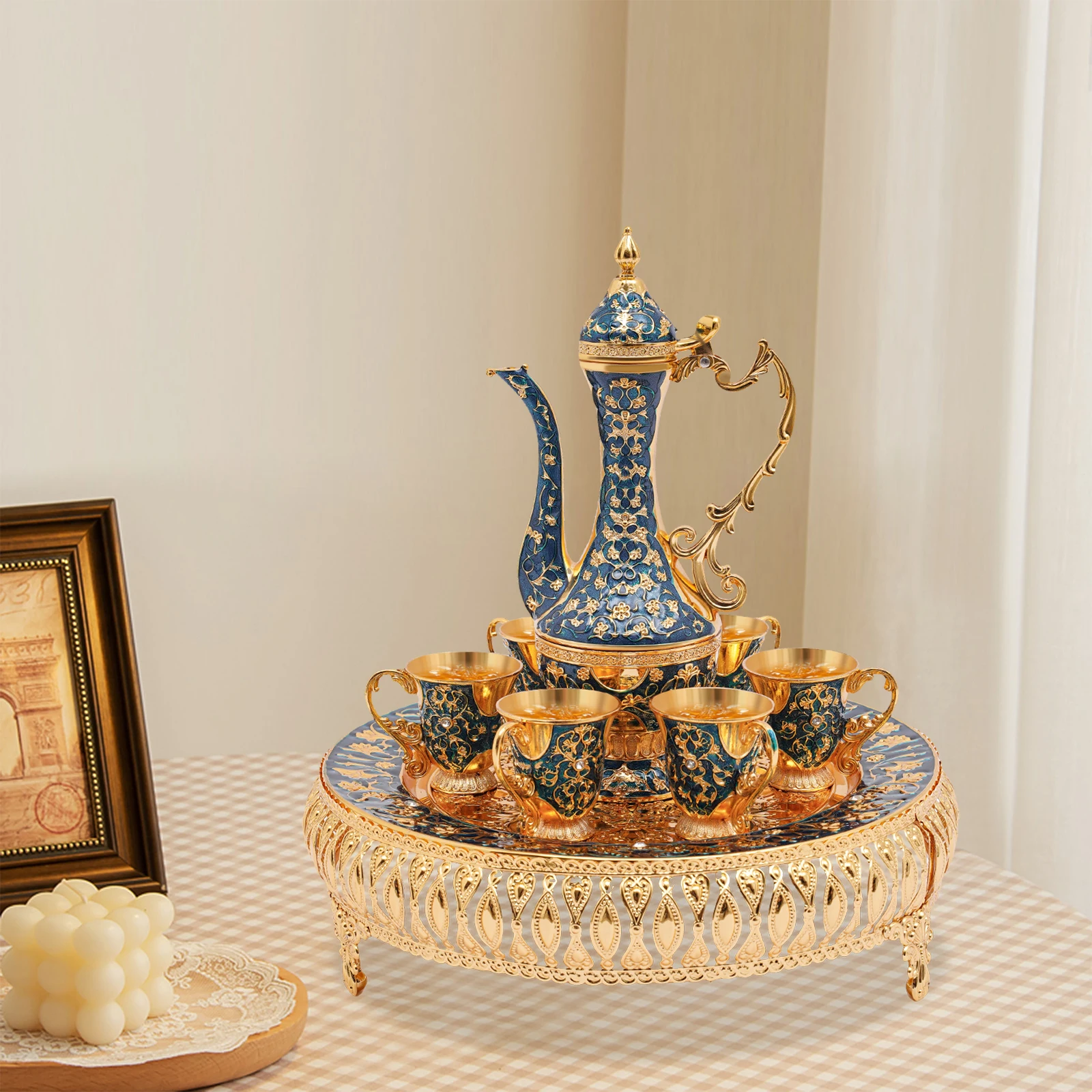 مجموعة خدمة الشاي الأوروبية المصنوعة من سبائك الزنك مع صينية 6 فناجين شاي 9.5 أونصة، هدية أنيقة لشاي بعد الظهر للمنزل والمكتب والترفيه #3