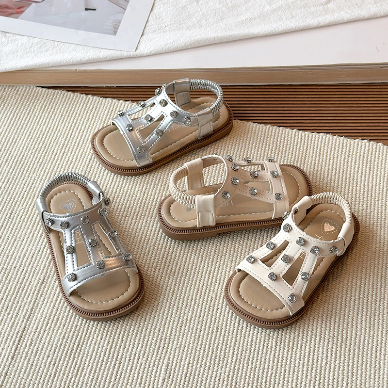 

Mumoresip Girls Fashion Rhinestone Sandals Summer Luxury Non Slip Flat Shoes for Kids Beach Daily Wear Children Open-toe Sandals