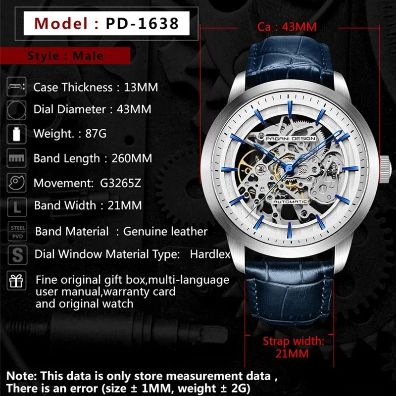 PAGANI DESIGN PD‑1638 Hollow Mechanical Men Watch 43MM Blue Crocodile Pattern Leather Band G3265Z Automatic Movement Hardlex