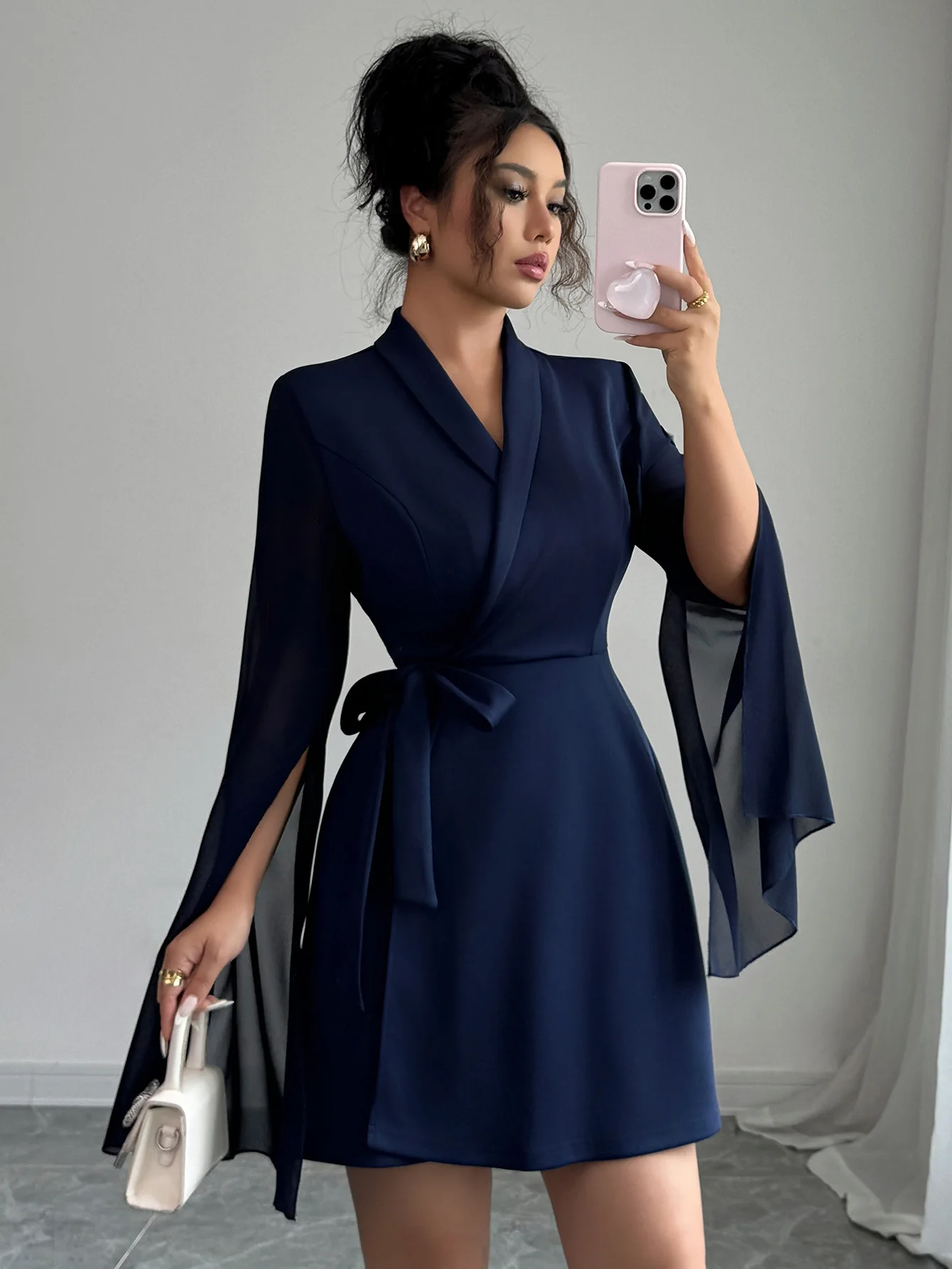 

EINY Womens Formal Dresses 2026 Elegant New Solid Color Shawl Collar Mesh Long Sleeved Casual Lace Up A-Line Daily Mini Dress