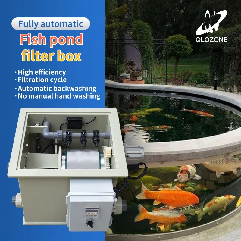 Qlozone automatic backwash filtration system fish pond manure filtration drum filter mini koi rotary drum filter