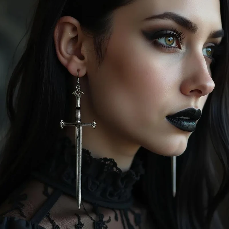 القرون الوسطى الأقراط السيف الطويلة الفضة مطلي المنجل معركة الفأس استرخى أقراط للنساء المجوهرات القوطية