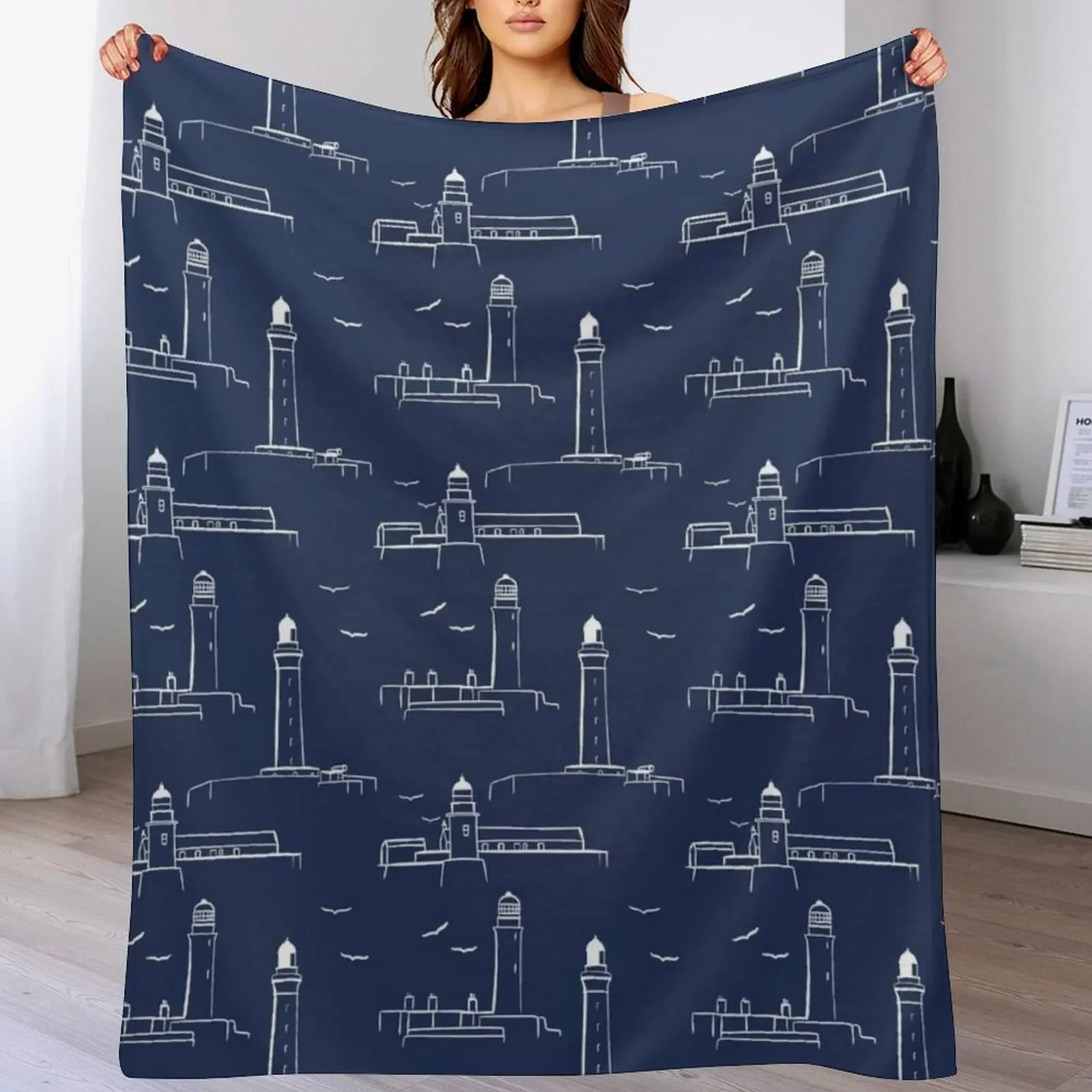 Lighthouses Pattern Version 2 - White on Dark Blue Throw Blanket Bed covers Decorative Sofa Blankets