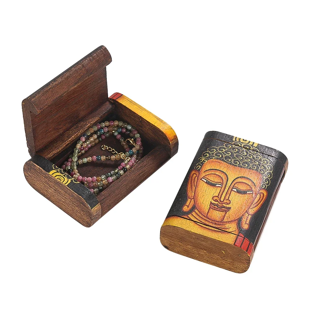 1PC Vintage Painted Teak Buddhist Noodles Wooden Restaurant Home Creative Tableware Travel Souvenirs Jewelry Storage Box Crafts