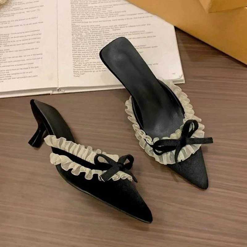 Lace Bow Women Slippers Pointed Toe High Heels Sandals Mules Shoes Elegant Dress Shoes Slingback Pumps Casaul Flip Flops Mujer