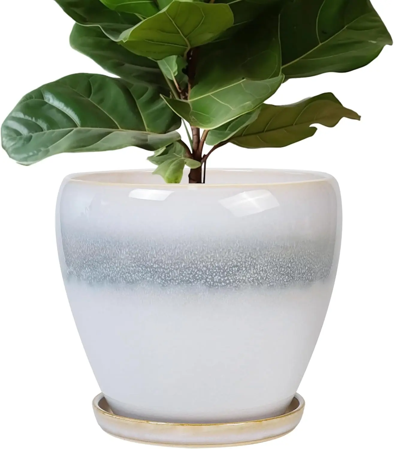 

10 Inch Ceramic Planter with Drainage Hole and Saucer, Round Large Flower Pot for Indoor Outdoor Decor, White-Grey