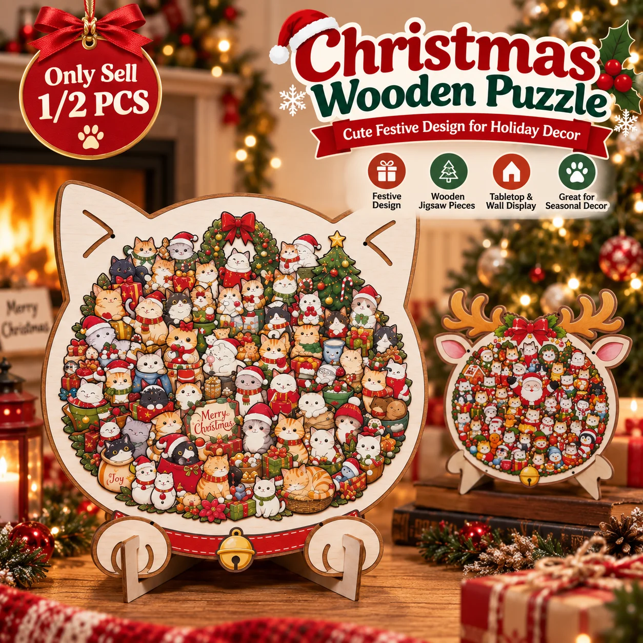 1 Pc Christmas Wooden Puzzle, Cute Colorful Silhouette Jigsaw Puzzle for Adults with Wall Stickers and Frame Outline