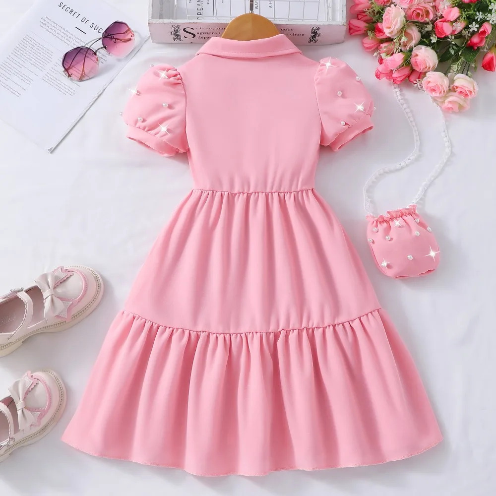Stylish Toddler Girls Dress Set Solid Color Pearl Sleeve Design + Matching Pearl Shoulder Bag for 2-12Y