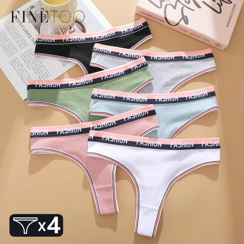 FINETOO 4 Stück gerippte Baumwoll-Tangas für Frauen, sexy, bequeme Höschen mit Buchstaben-Taille, weiblicher Sport-G-String, weiche Wäsche, Tangas
