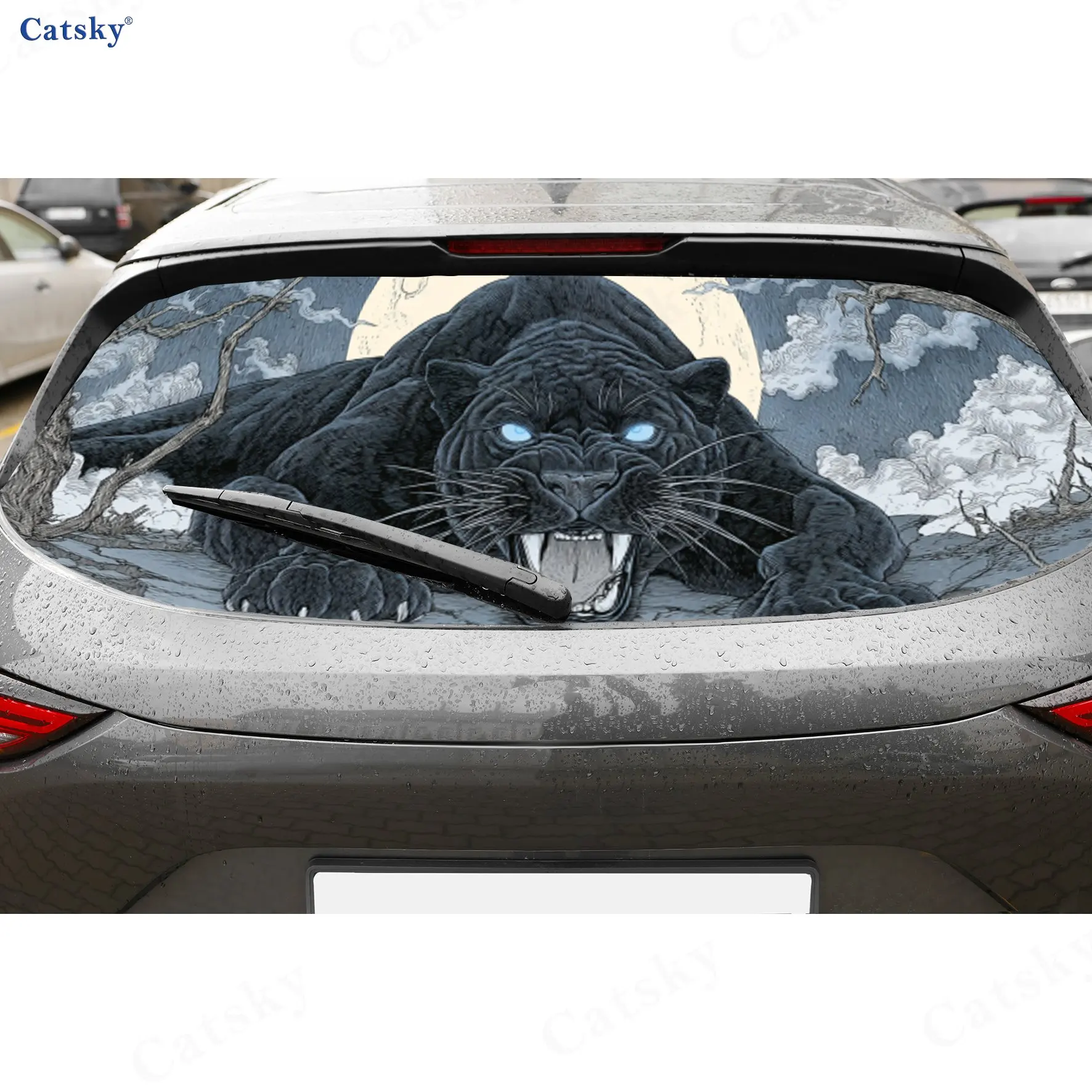 

Moonlit Panther Blue-Eyed Wild PVC Perforated Car Vinyl Wraps, Durable Car Rear Windshield Sticker, Waterproof Car Rear Window D