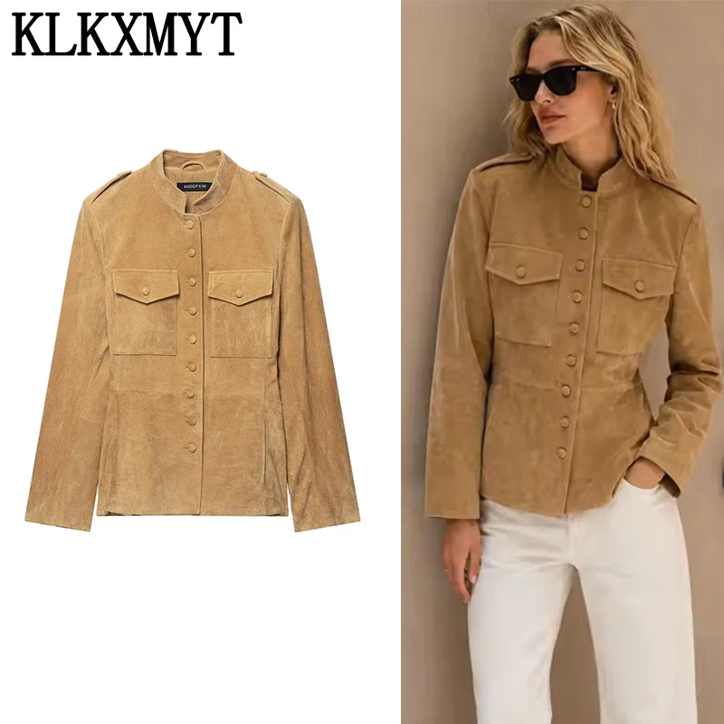 Veste en daim pour femmes KLKXMYT, automne 2026, col montant, manches longues, veste à simple boutonnage, vêtement décontracté de style streetwear.