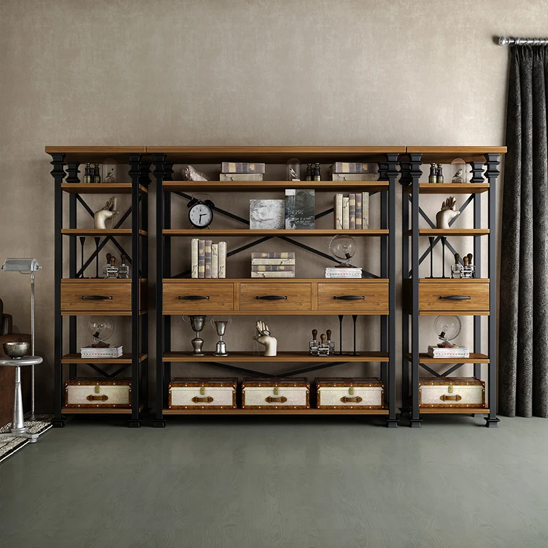 

Loft industrial style American wrought iron solid wood living room bookshelf shelf floor bookcase bedroom retro custom shelf