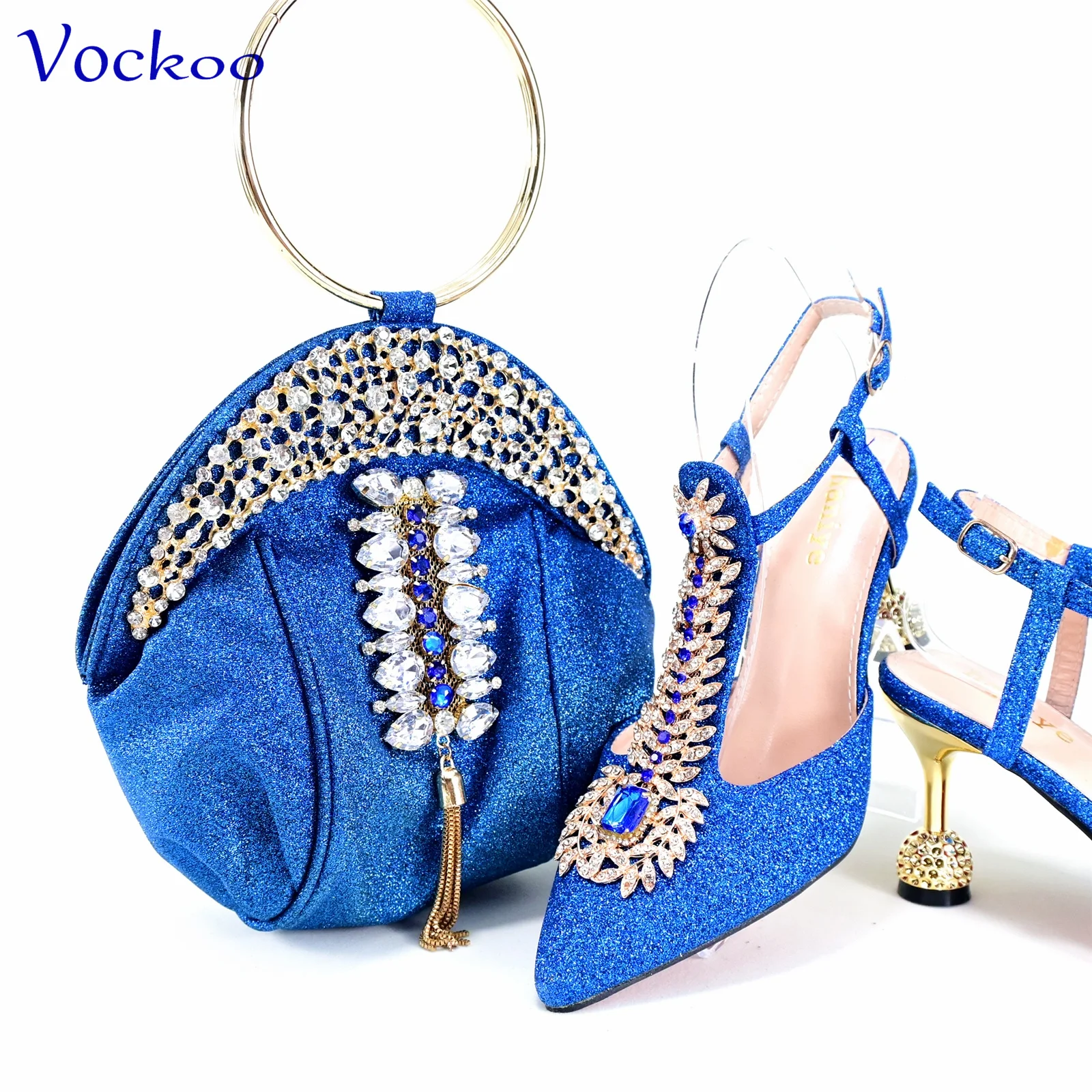 

2024 Lovely Sexy Ladies Shoes Matching Hand Bag in Blue Color Pointed Toe Decorate with Rhinestone for Wedding Party