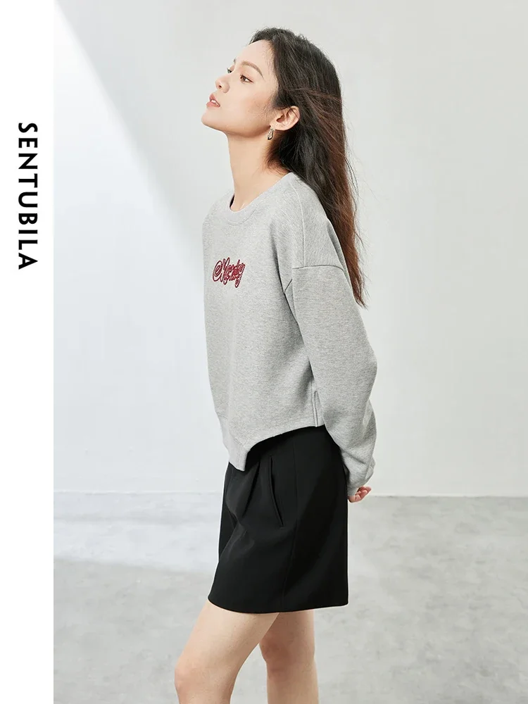 SENTUBILA Embroidery Cotton Blend Sweatshirts Women 2025 Spring Autumn Loose Drop Sleeve Pullover Womens Tops Clothing 141A53460