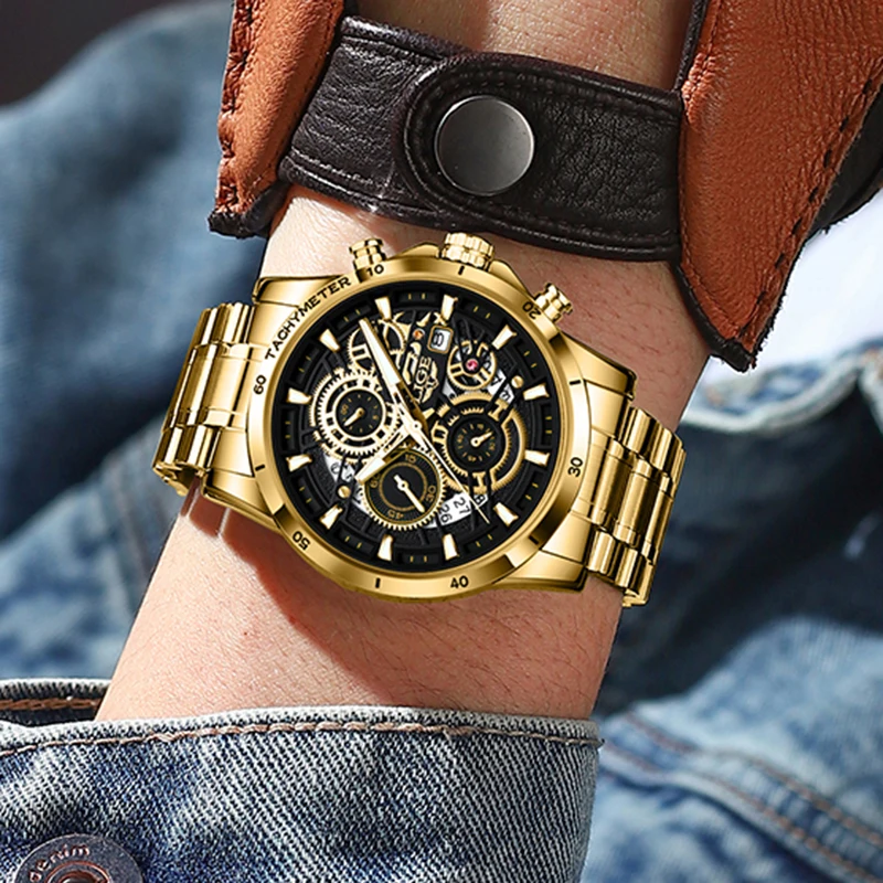 LIGE Quartz Watch Men Gold Black Mens Watches Top Brand Luxury Chronograph Sports Watches Luminous Waterproof Relogio Masculino