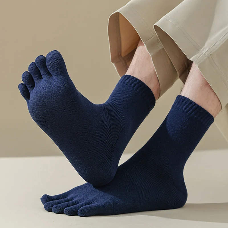 1/5 Pairs Winter Thick Five Finger Socks Man Cotton Solid Business Anti-Bacterial Breathable Warm Floor Sleeping Terry Toe Socks