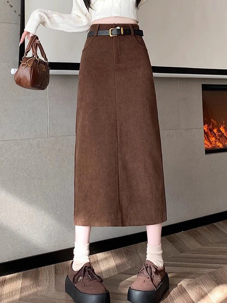 Zoki Retro Belt Red Corduroy Skirts Women High Waist Slim Sweet Midi Skirt Fall Winter Vintage Lady Elegant Slit Korean Skirts