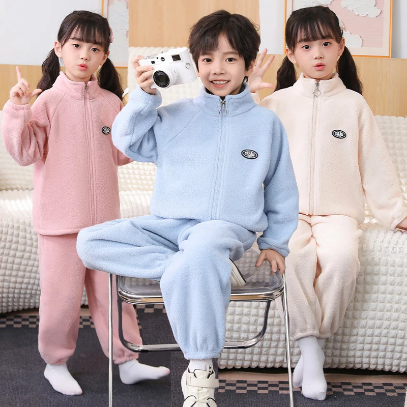 Autumn Winter Lamb Fleece Set Boys Girls Solid Color Plush Thick Warm Lapel Zipper Coat+Pants 2Pcs For 3-10Y Kids Casual Outfit