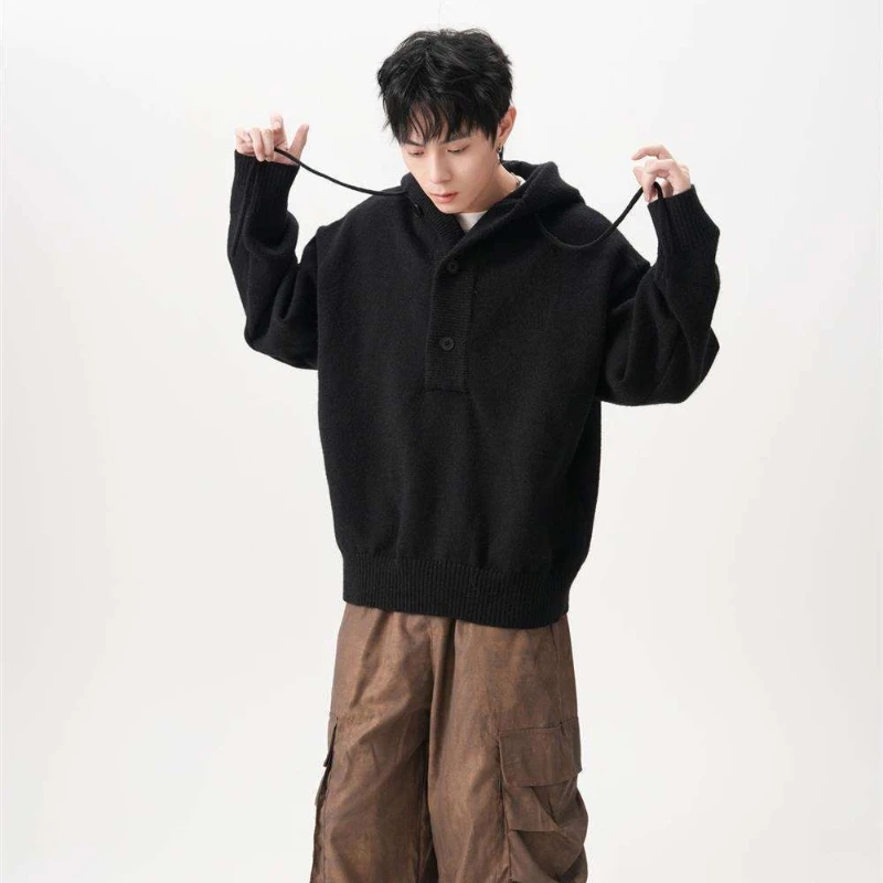 

Black Korean Style Young Students Male Hoodie Baggy Button Cheap Harajuku Fashion Pastel Color Tops Soft Men's Hooded Sweatshirt