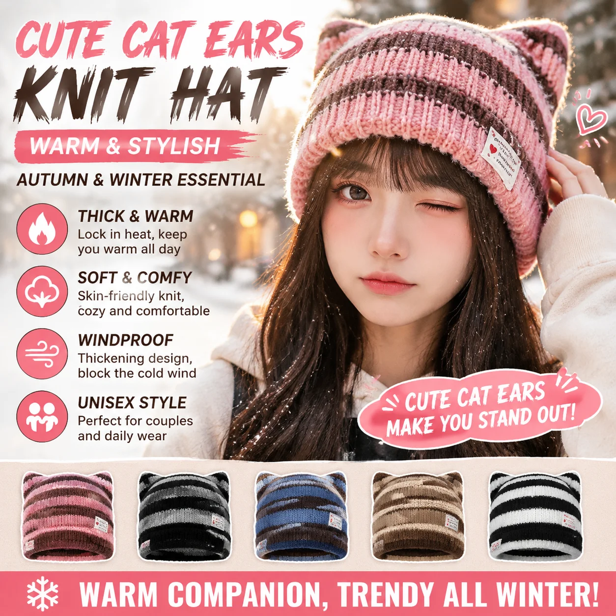 New Autumn and Winter Warm Wool Cap Cute Cat Ears Striped Knit Cap Outdoor Thickening Cold Warm Cap Couple Versatile Hat