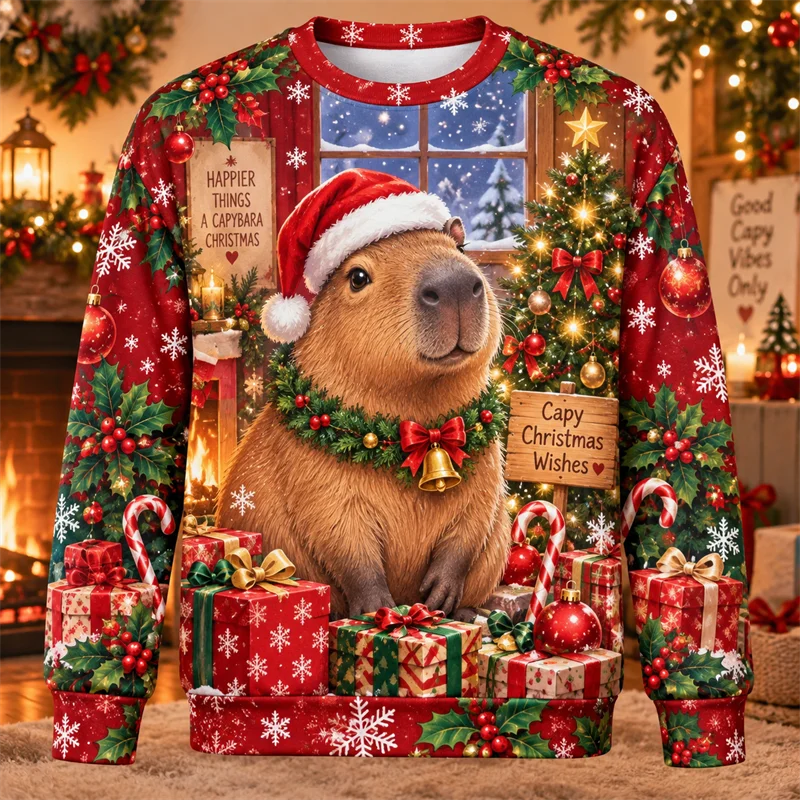 Christmas Animal Sweatshirt Dog Moose Capybara Owl Red Panda Polar Bear Cat Penguin Crewneck Xmas Pullover Holiday Gift Fun Top