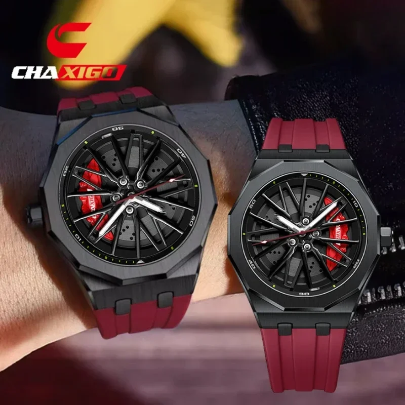 CHAXIGO 7277 Fashion Quartz Men's Watch Wheel Rotation Design Waterproof Luminous Silicone Strap Watches for Men Reloj Hombre