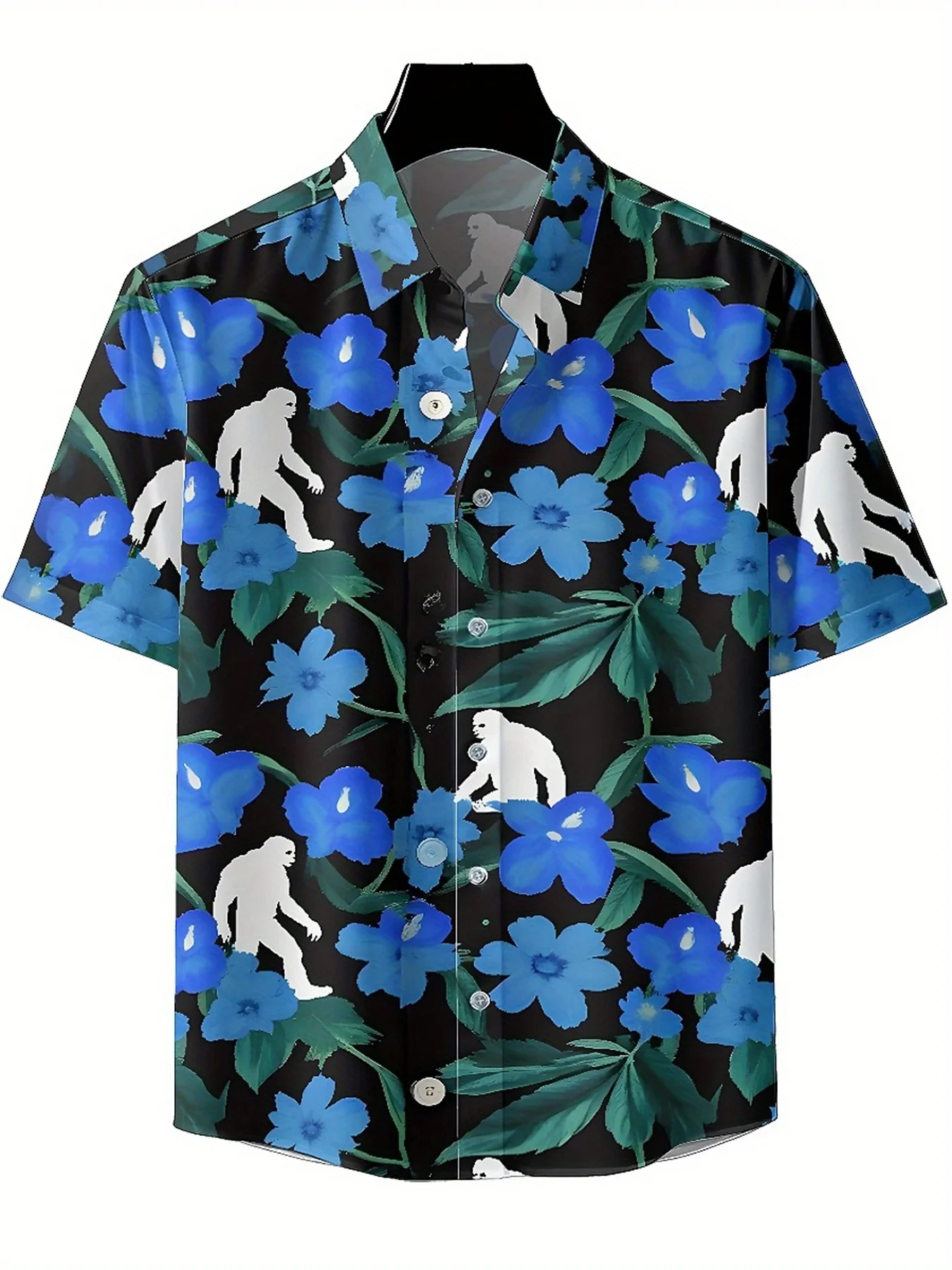 Men's Plus Size Hawaiian Shirts Sasquatch and Blue Flowers pattern,Unisex Baggy Aloha Shirts,summer Alternative Clothing