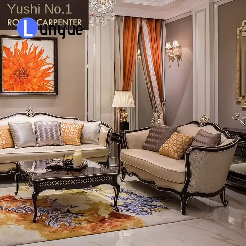 Neoclassical Leather Sofa Set European Style Solid Wood Carved Light Luxury Living Room Furniture Combination Elegant