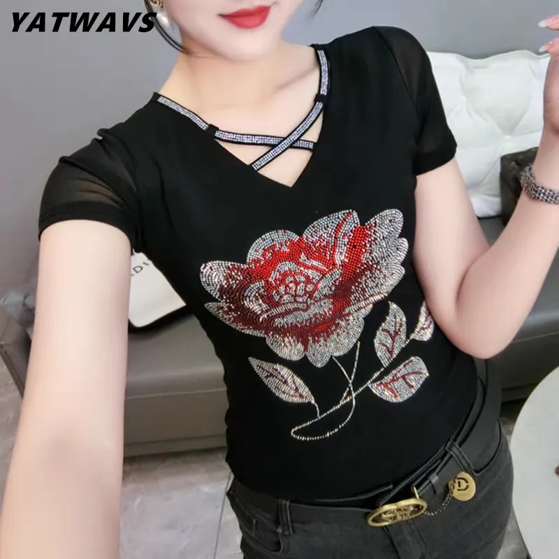 High Quality Summer Mesh T-Shirt Women Flower Diamonds Slim Sexy Tops Elegant Hollow Out V-Neck Short Sleeve Korean Female Tees