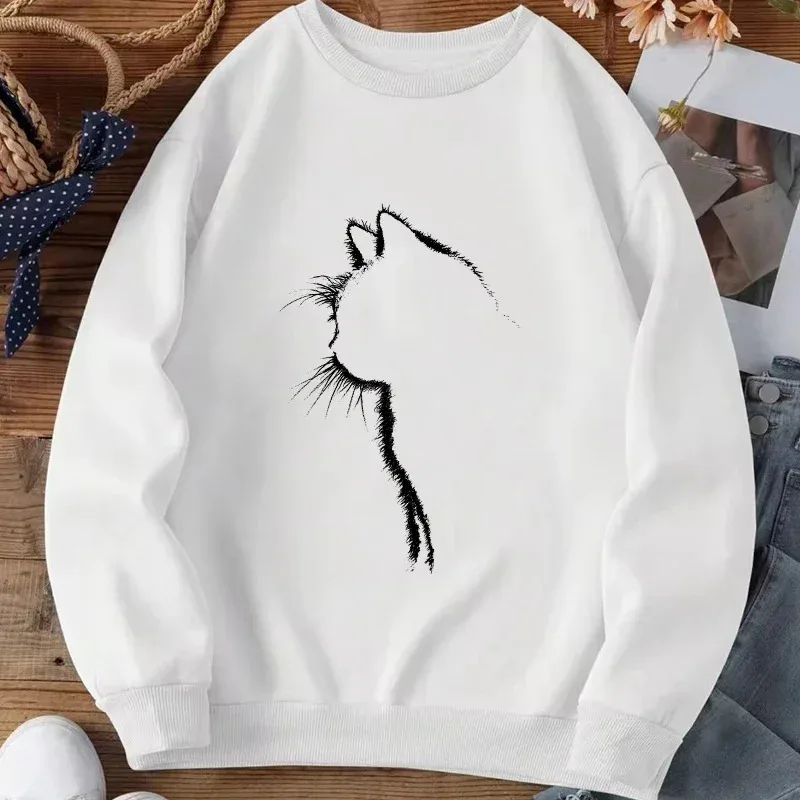 

zz04zz12New Spring Autunm Casual Women Pullover Cute Cat Printing Sweatshirt Tops Soft Hoodies Loose Crewneck Fleece Female Clot