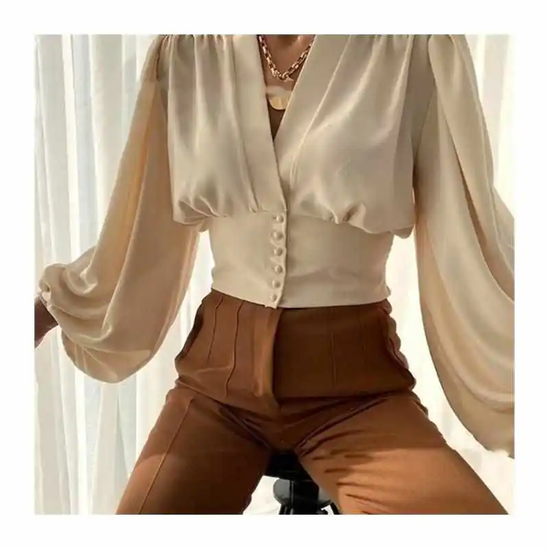 

High Waist ort irt Button V-Ne Lantern Sve Top Warmth Knot Rce Viscose Cotton Blend Spring Printed Embroidery