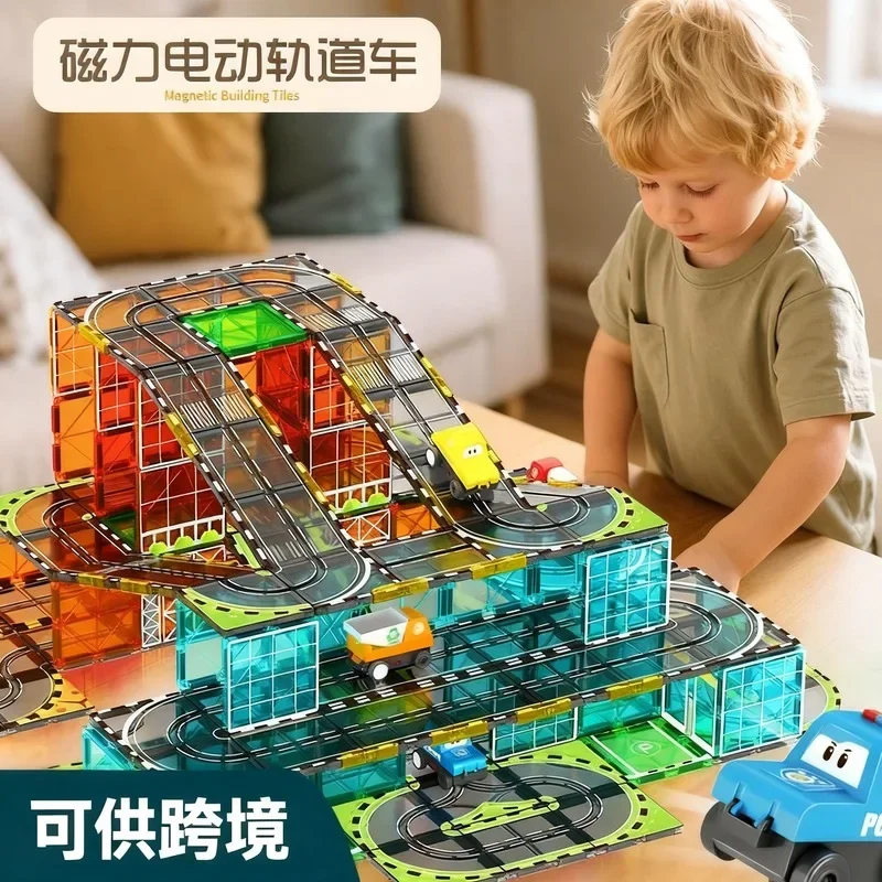 Magnetic Building Blocks Set with Electric Rail Car, Urban Traffic & Color Window Design view 2