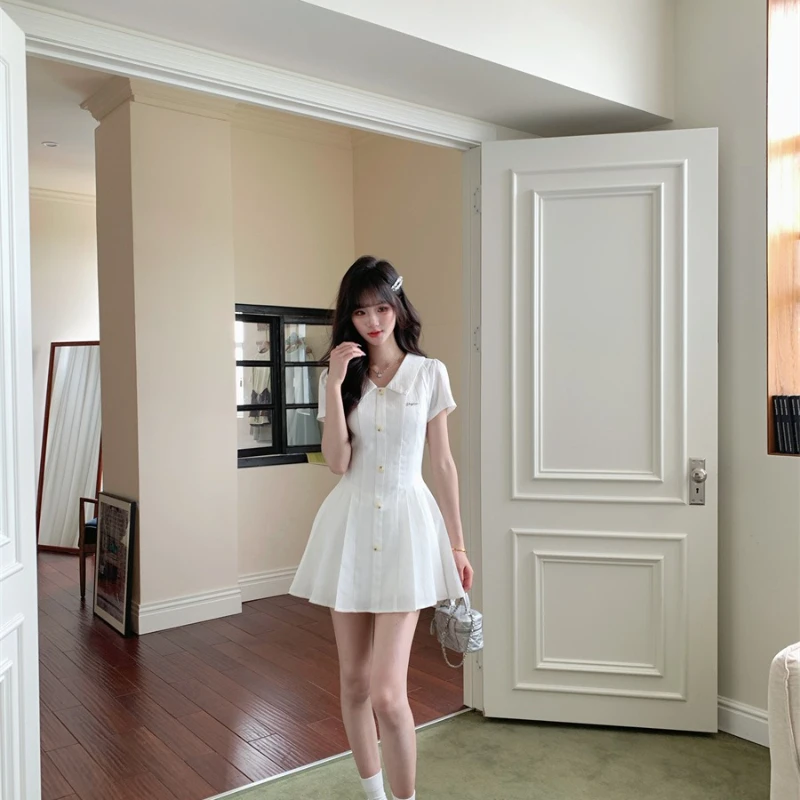 Yuehan Xiaoyu, sal marinho jasmim, vestido camisa branca estilo academia verão primeiro amor cintura saia plissada feminina