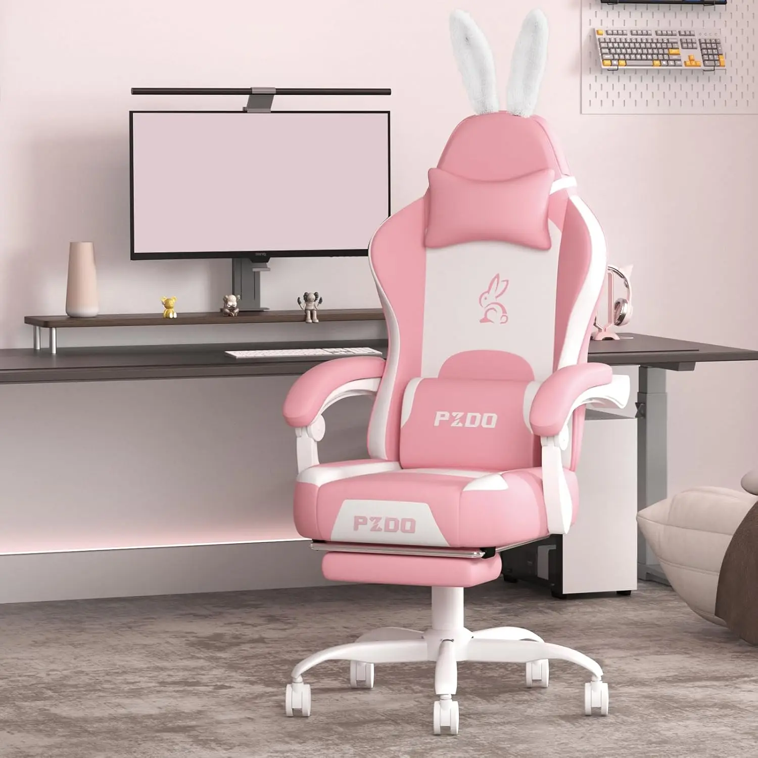

Kawaii Pink Gaming Chair with Footrest & Bunny Ear, Wide Soft Cushion Reclining Chair for Girls Women Gift (Pink-White)